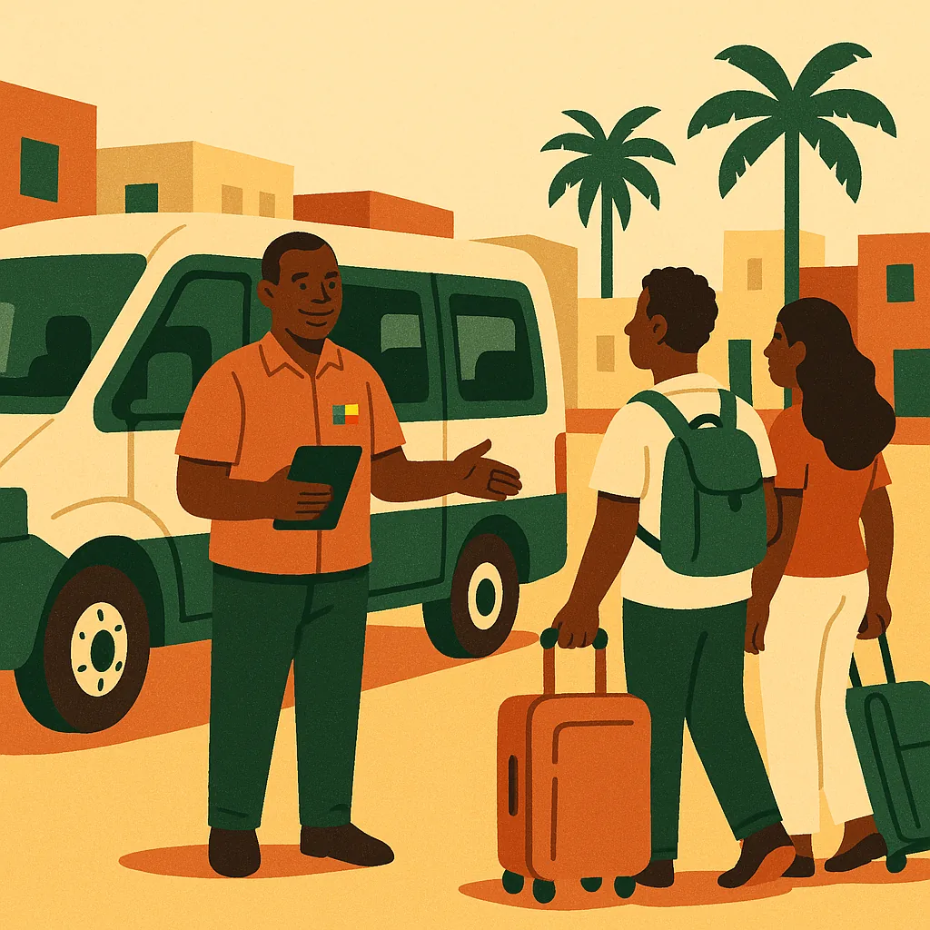 Guide béninois accueillant des voyageurs devant un minibus, au départ d'un circuit
