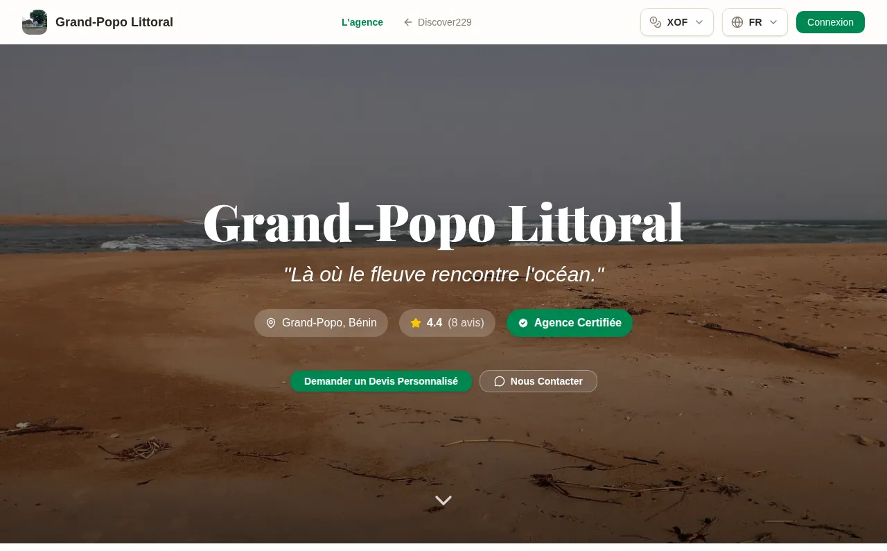Page publique d’une agence sur Discover229 : bannière, présentation et circuits proposés